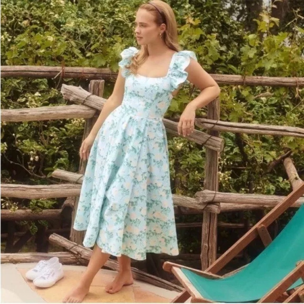 Hill House Daphne Dress | Blue Peony Floral Cotton Midi | Size Small - Picture 3 of 6